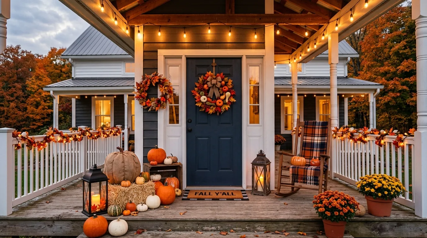 Farmhouse front porch with budget fall decor
